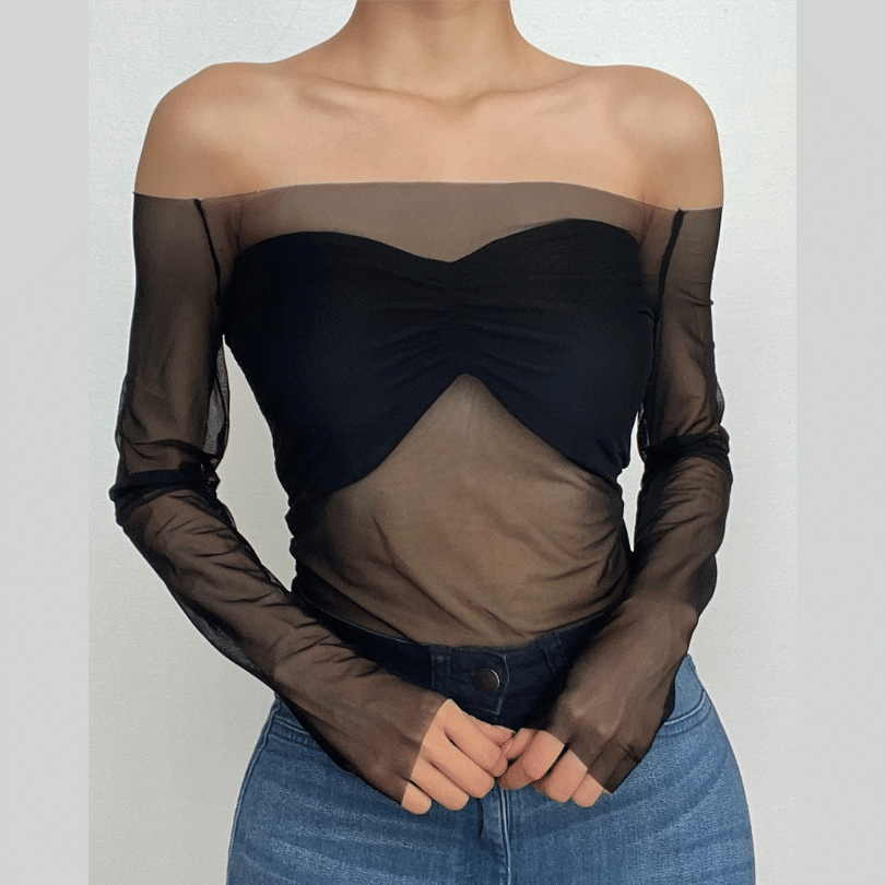 Mesh off shoulder long sleeve solid patchwork top