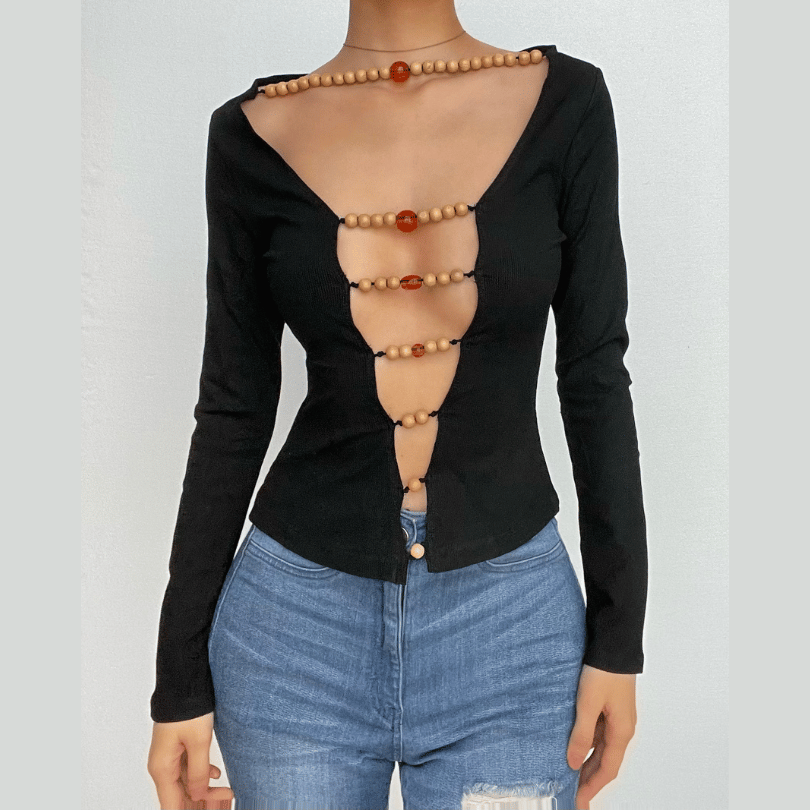 Beaded contrast long sleeve v neck ruched top