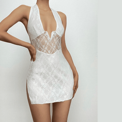 Halter self tie slit notch neck backless lace mini dress