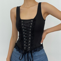 Sleeveless solid lace up zip-up lace hem self tie crop top