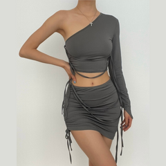 Long sleeve solid drawstring ruched one shoulder crop top skirt set