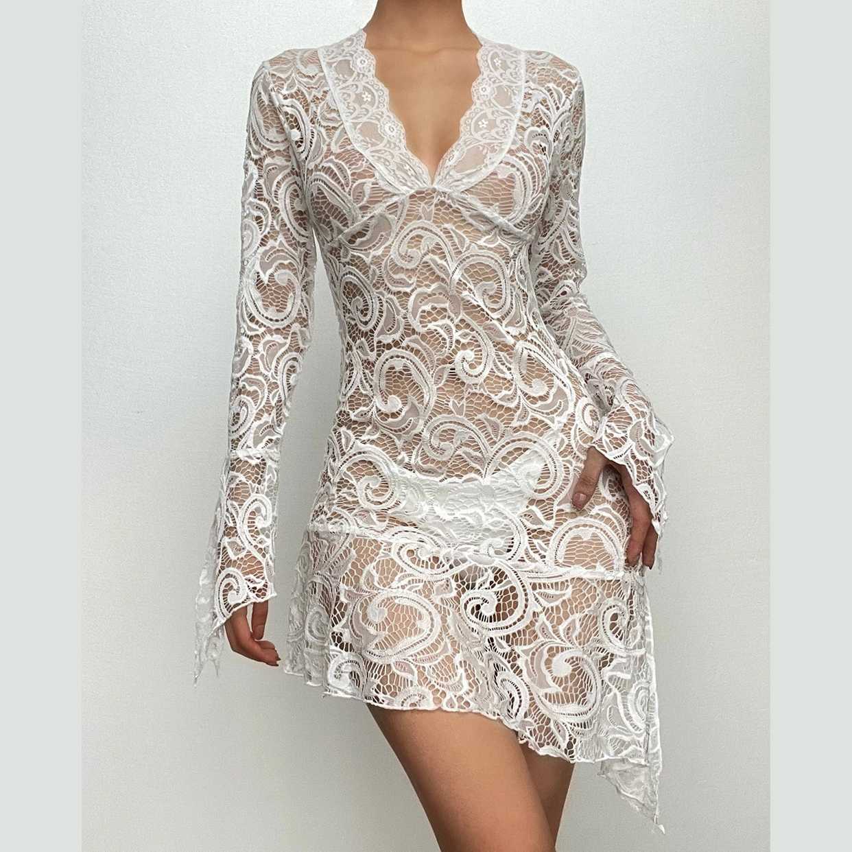 Lace see through flared sleeve v neck irregular solid mini dress - Final Sale