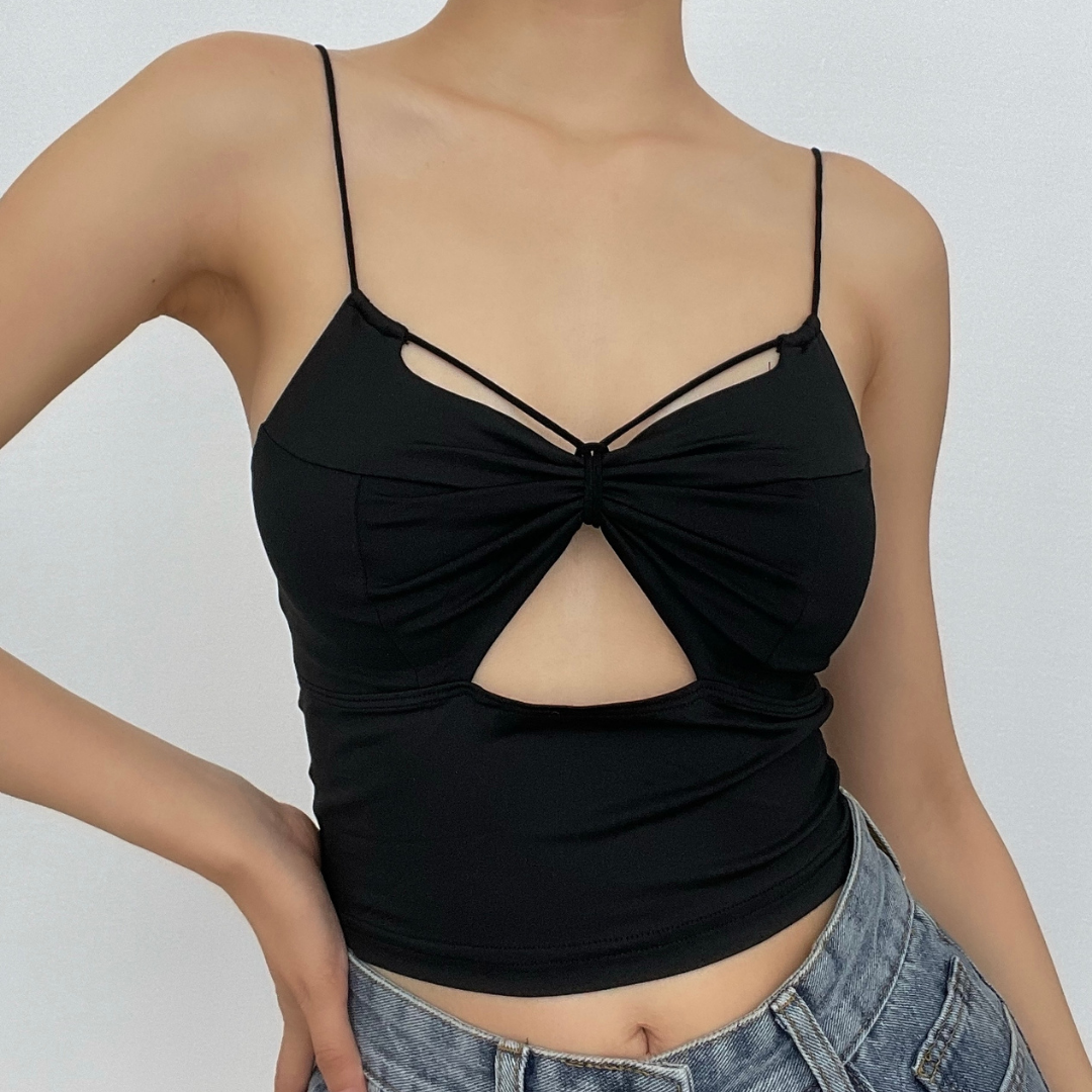 Ruched hollow out solid bowknot backless cami top