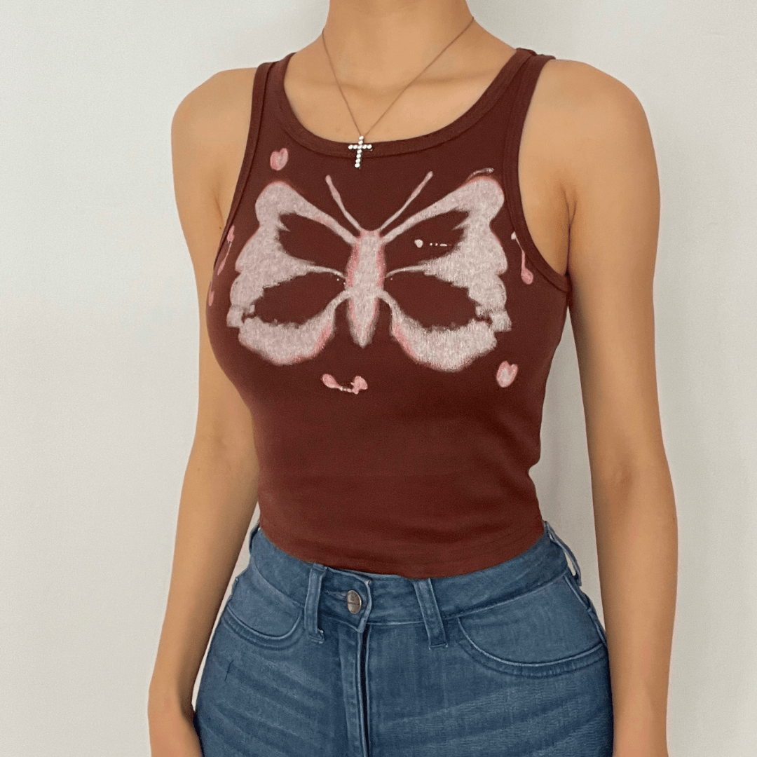 Camiseta sin mangas con estampado de mariposas y cuello redondo 