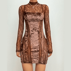 Velvet patchwork high neck long sleeve lace mini dress