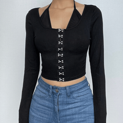 Neckholder-Crop-Top mit langen Ärmeln und Knopfleiste im Patchwork-Stil aus Netzstoff