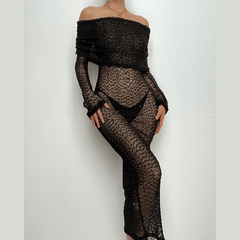 Textured glitter off shoulder long sleeve see through maxi dress