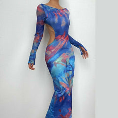 Hollow out contrast print long sleeve ruched mesh patchwork midi dress