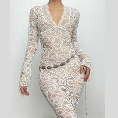 Lace see through long sleeve v neck solid maxi dress