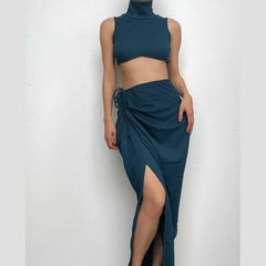 Slit textured sleeveless high neck ruched solid maxi skirt set