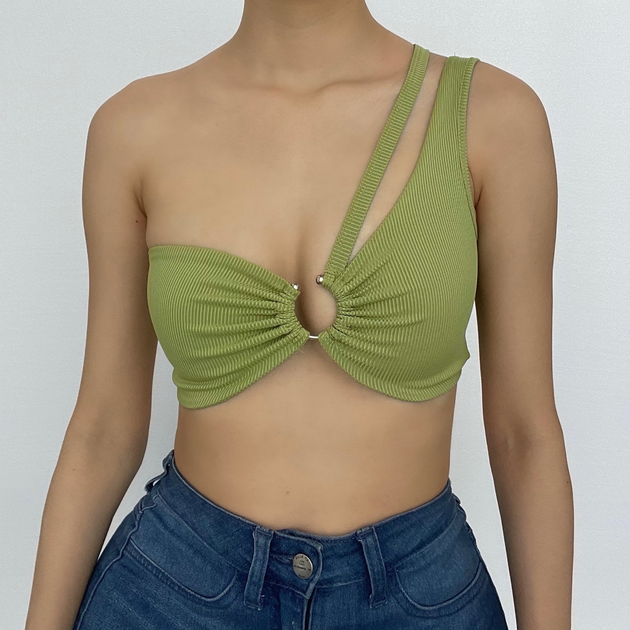 Hollow out o ring one shoulder backless ruched ribbed crop top