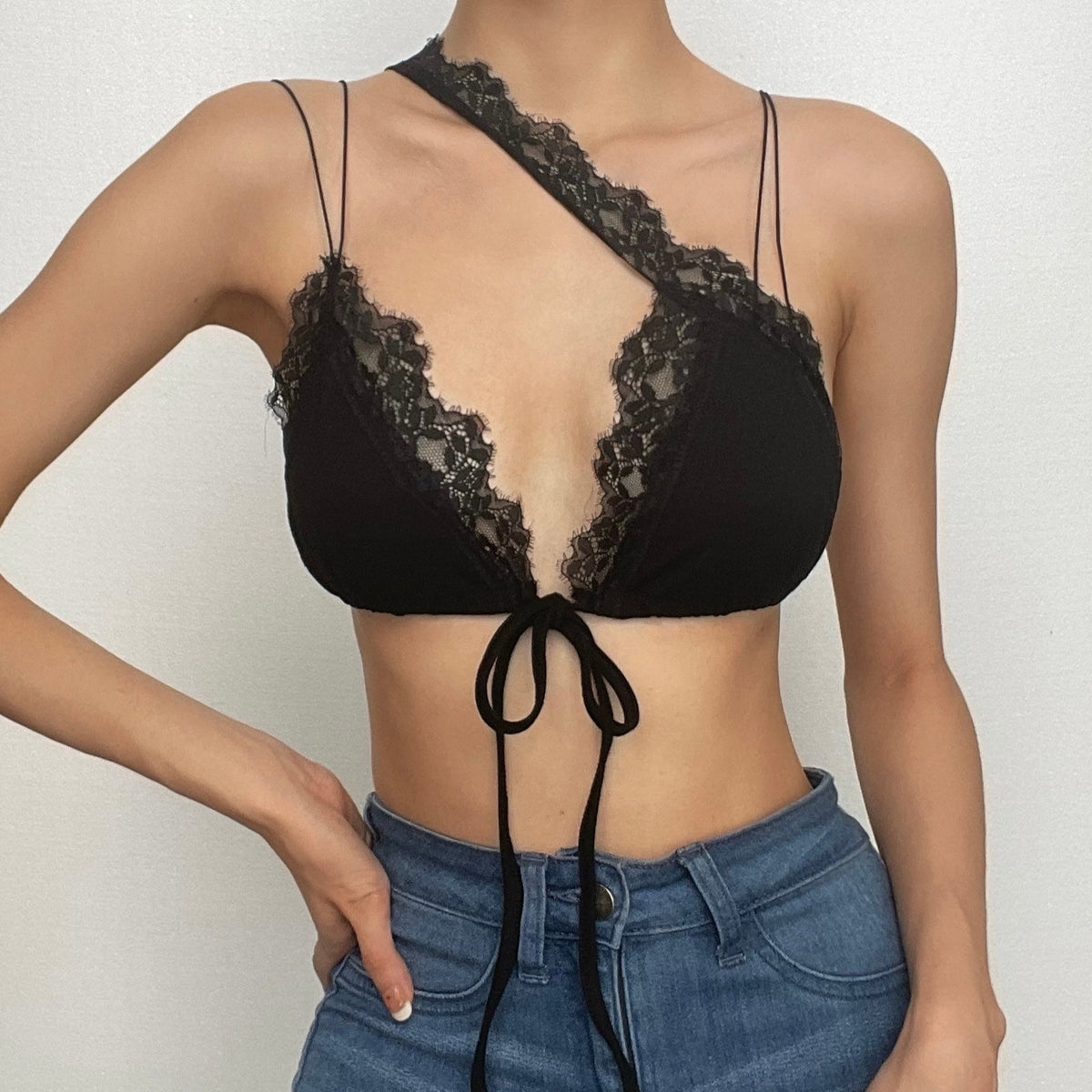 Lace hem irregular self tie backless solid crop top