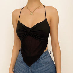 Top halter con espalda abierta y lazo de malla fruncida 