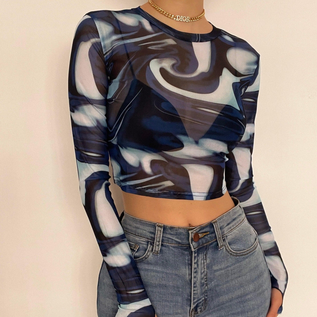 Crewneck sheer mesh print long sleeve gloves top