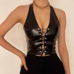 Top de cuero de PU con espalda descubierta y cuello halter con cordones