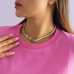 Multicolor beaded faux pearl chain necklace