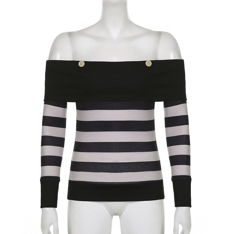 Off shoulder contrast striped button long sleeve top - Final Sale