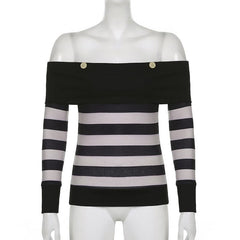 Off shoulder contrast striped button long sleeve top - Final Sale