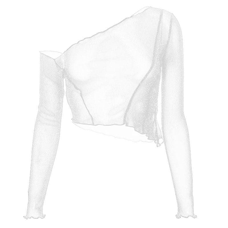 Long sleeve solid see through sheer mesh one shoulder ruffle crop top