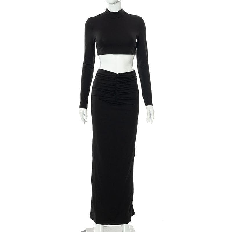 High neck long sleeve ruched solid maxi skirt set