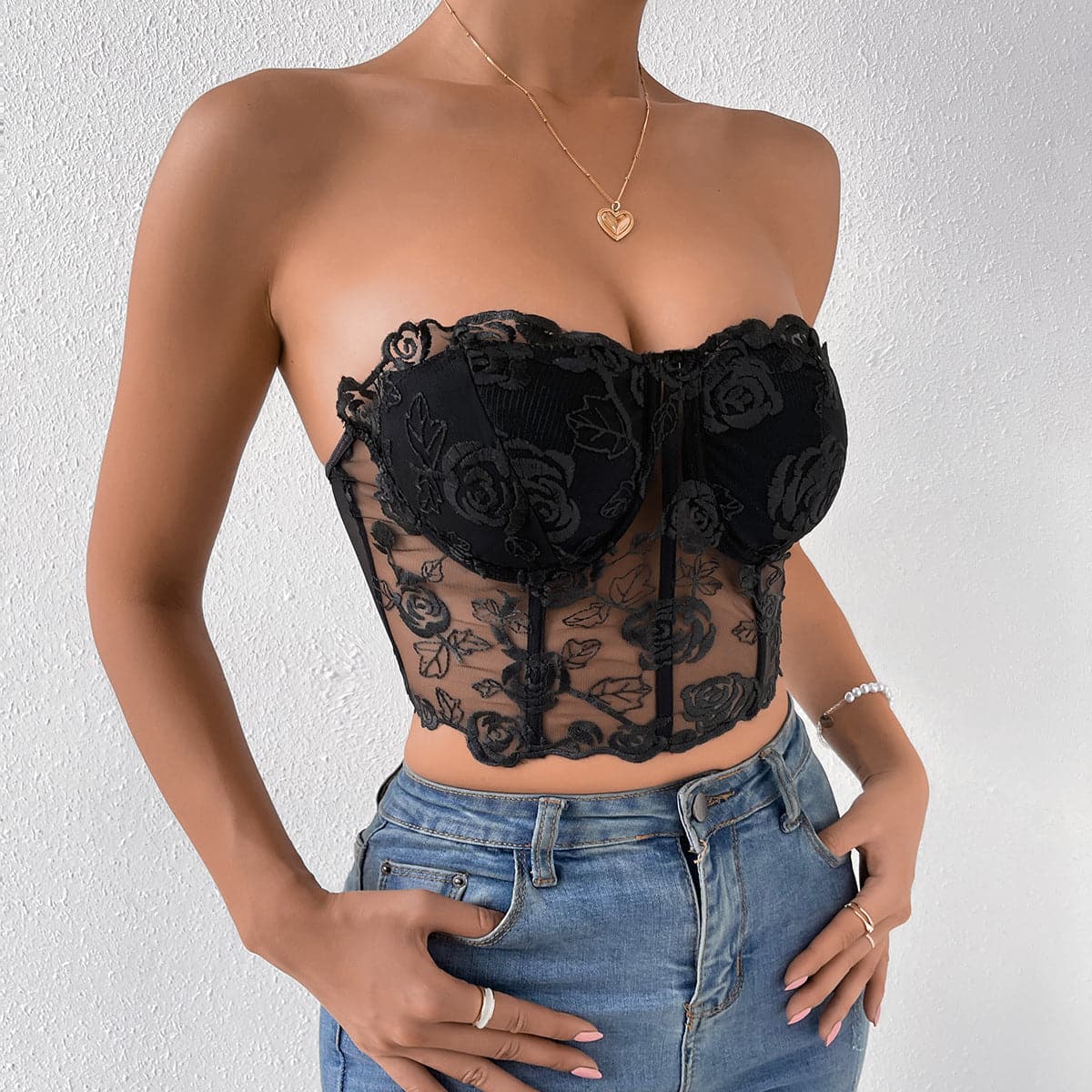 Rose mesh solid button bustier tube top