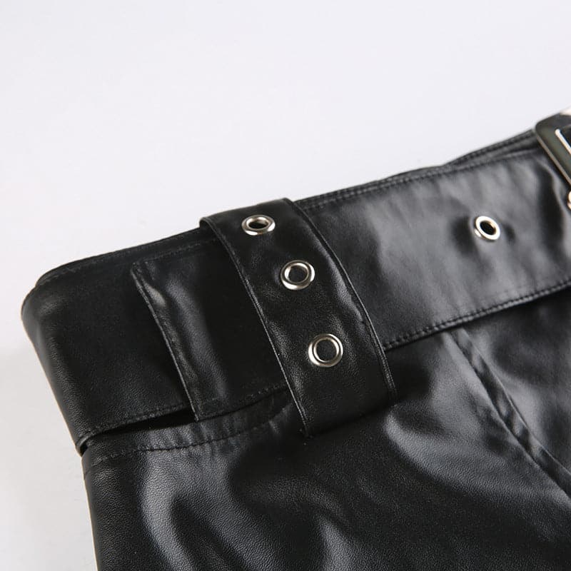 Pocket zip-up PU leather low rise buckle mini skirt