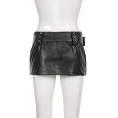 Pocket zip-up PU leather low rise buckle mini skirt