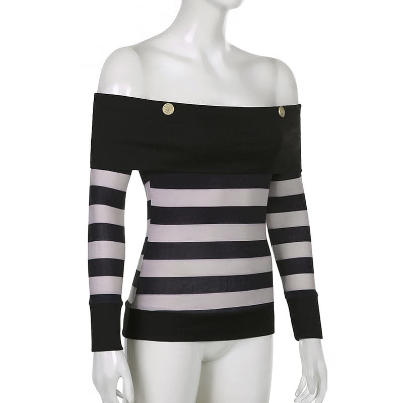 Off shoulder contrast striped button long sleeve top - Final Sale