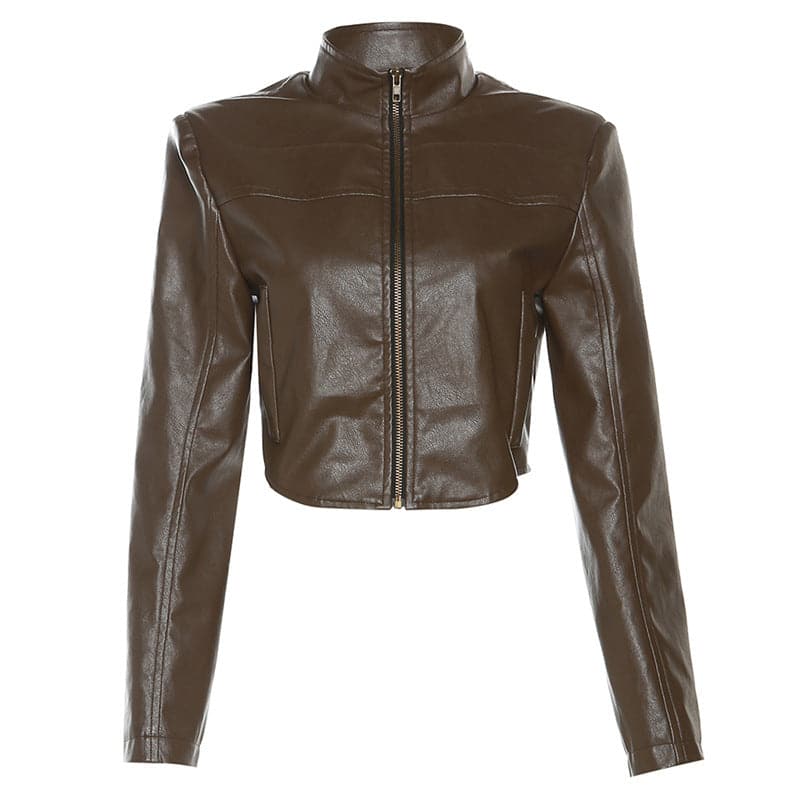 Long sleeve zip-up PU leather solid coat crop top