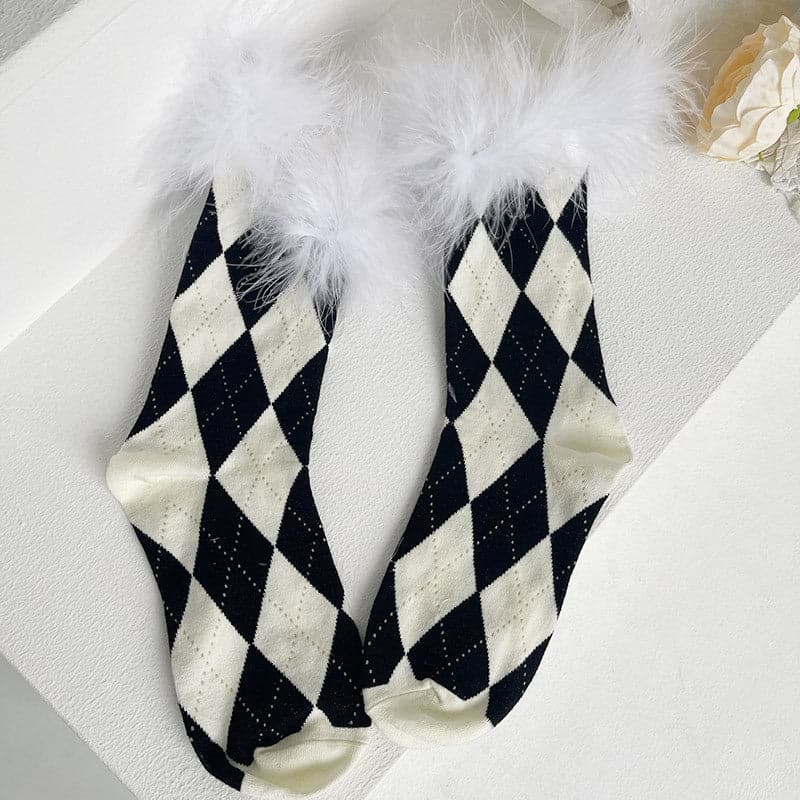 Plaid feather long socks