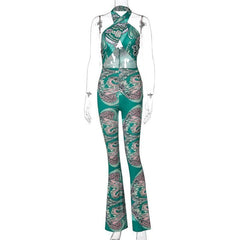 Ausgestellter Jumpsuit mit Neckholder-Print und Hohlsaum