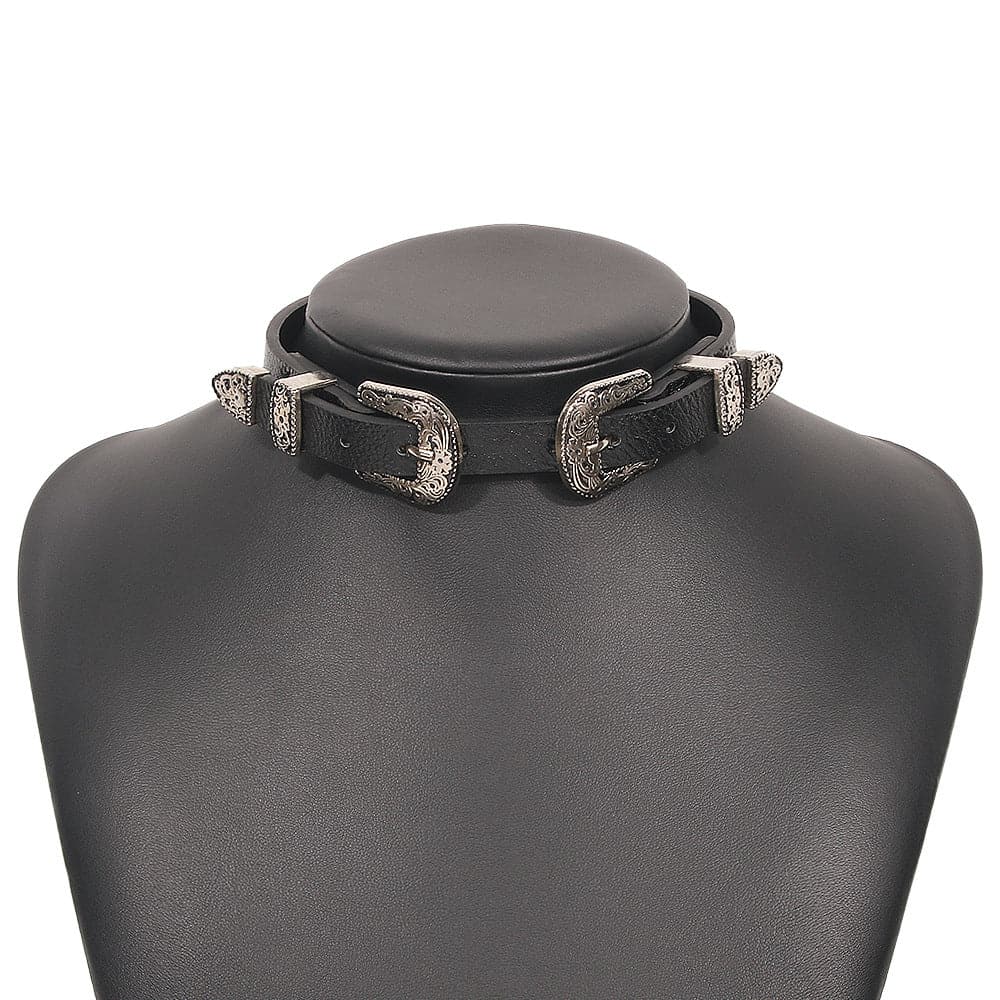 Metal button PU choker necklace