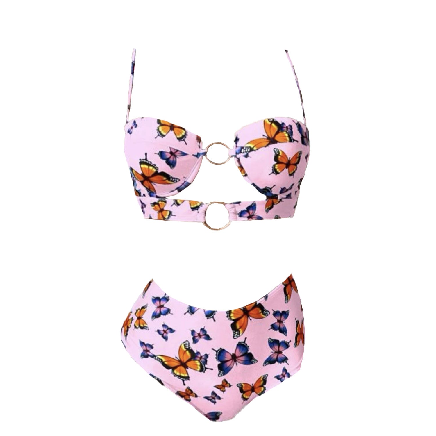 Traje de baño de bikini de tirantes finos con estampado de mariposa y relleno de anillo en O 