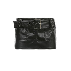 Pocket zip-up PU leather low rise buckle mini skirt