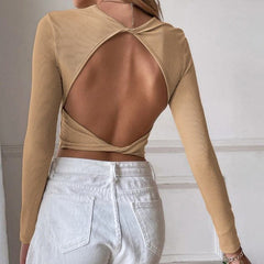 Knotted backless solid long sleeve ribbed crop top