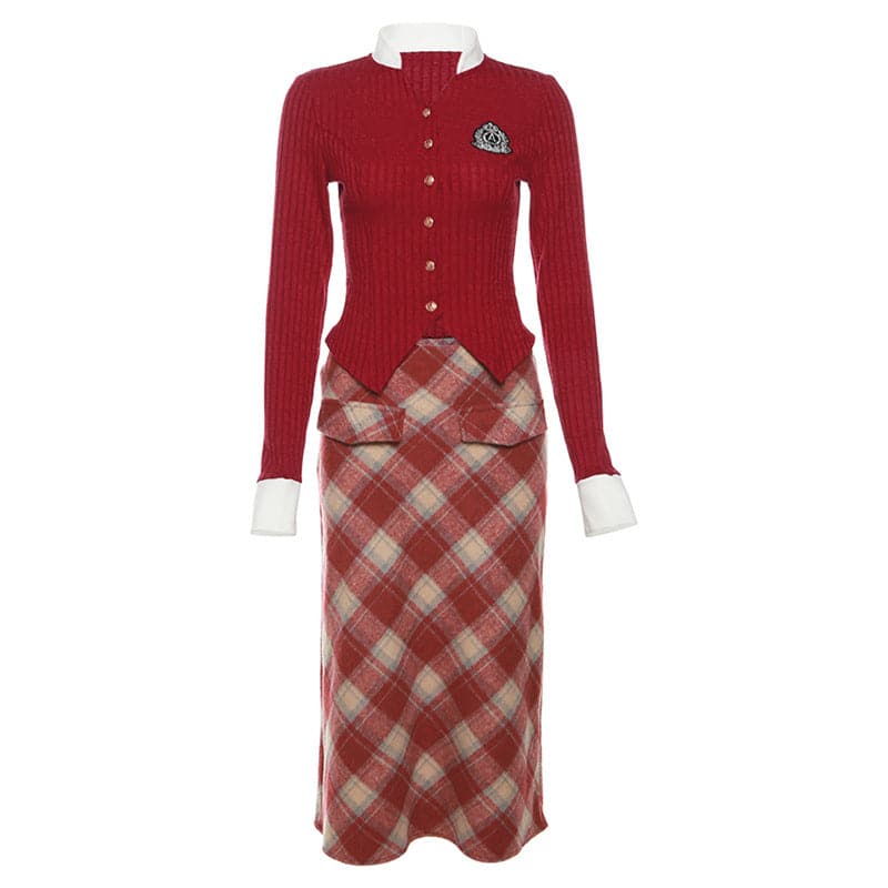 Long sleeve turnover collar plaid button zip-up contrast midi skirt set