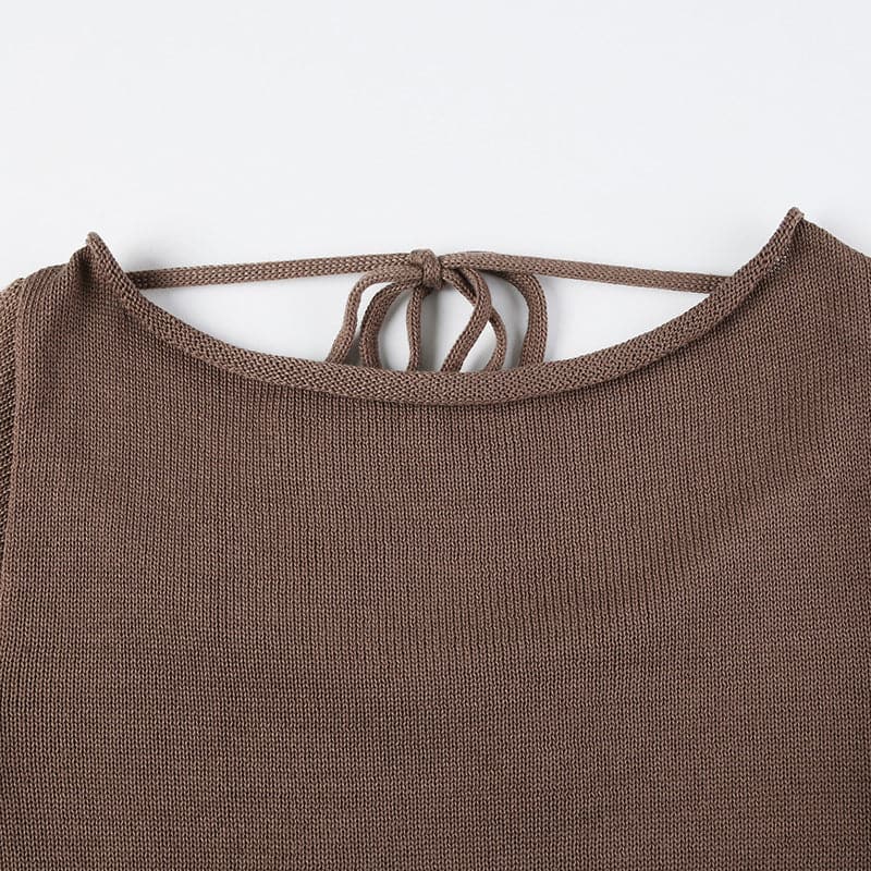 Knitted flared sleeve solid self tie backless top