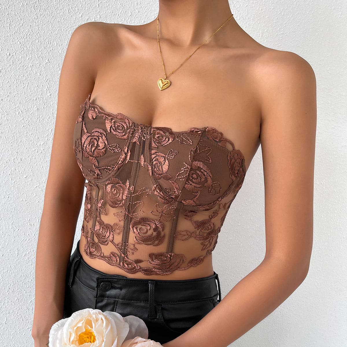 Rose mesh solid button bustier tube top