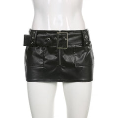 Pocket zip-up PU leather low rise buckle mini skirt