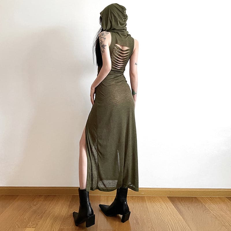 Hoodie sleeveless slit hollow out self tie cowl neck maxi dress