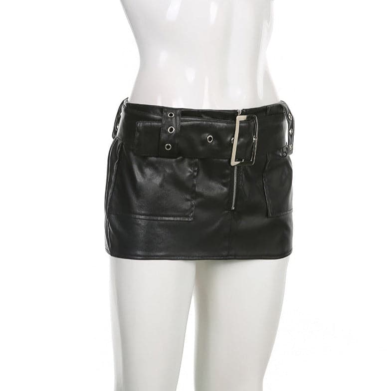 Pocket zip-up PU leather low rise buckle mini skirt