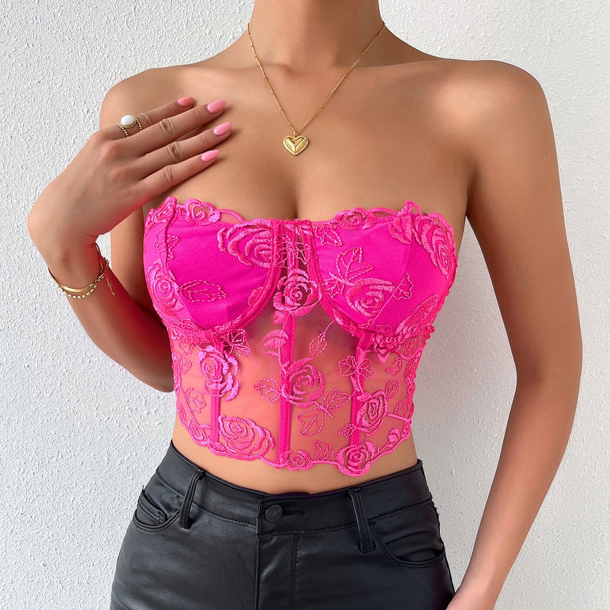 Top tipo bustier con botones sólidos de malla rosa 