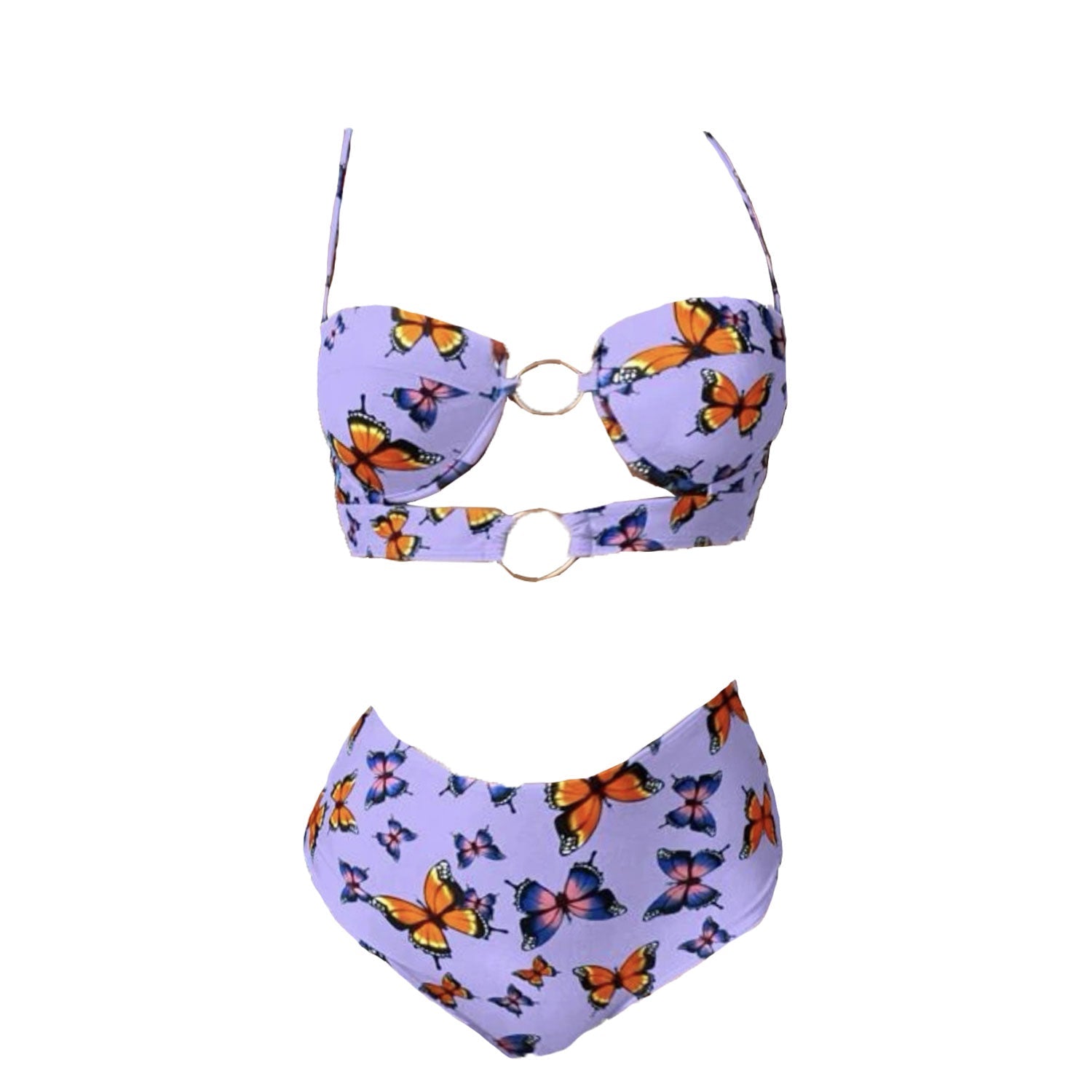 Traje de baño de bikini de tirantes finos con estampado de mariposa y relleno de anillo en O 