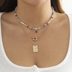 Beaded multicolor pendant 3 pcs choker necklace