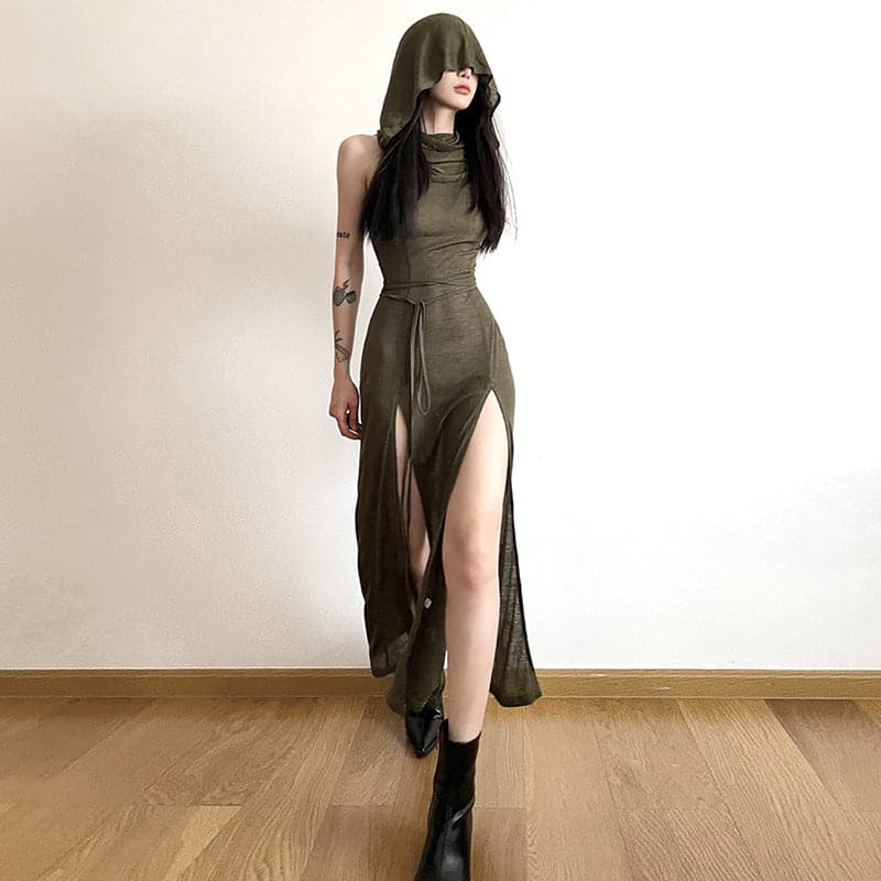 Hoodie sleeveless slit hollow out self tie cowl neck maxi dress