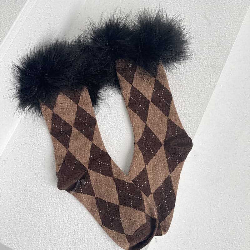 Plaid feather long socks