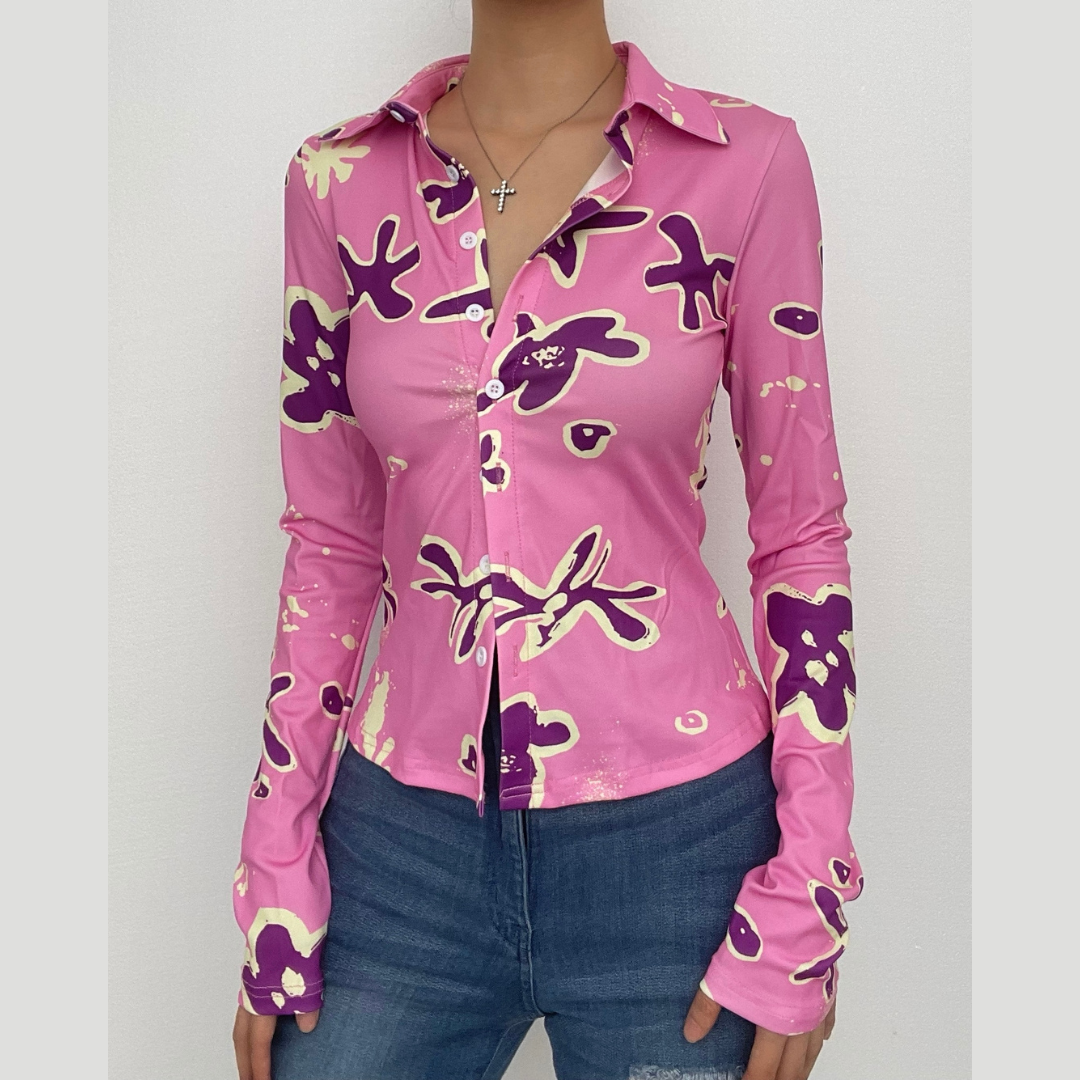 Turnover collar button contrast print long sleeve top