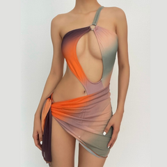 One shoulder contrast hollow out o ring one piece swimwear with beach skirt