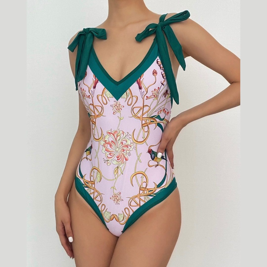 Traje de baño de una pieza con cuello en V en contraste y lazo, con falda de playa 