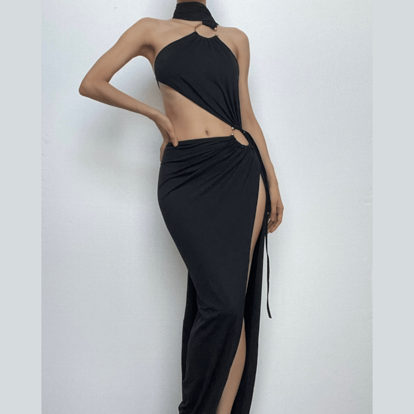 Halter o ring irregular solid backless ruched slit maxi dress